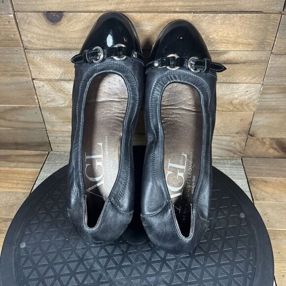 AGL Womens Sz 38.5 / 8.5 Black Leather Cap Toe Horsebit Loafer Ballet Flat Shoes - Picture 5 of 10